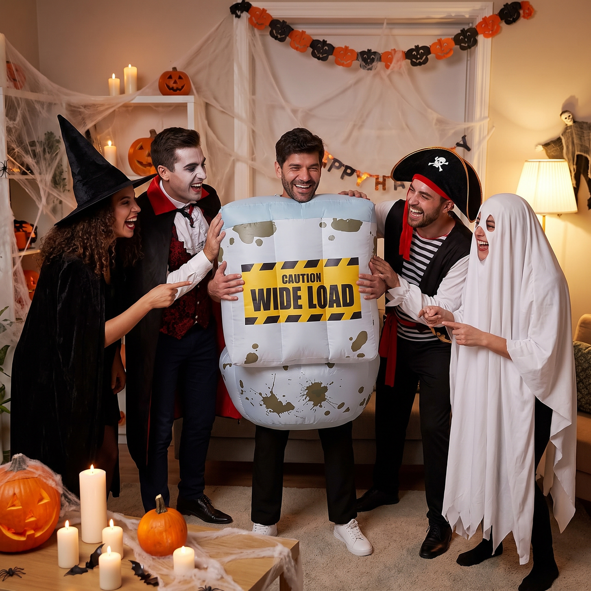 Friends laughing at FlushSuit costume