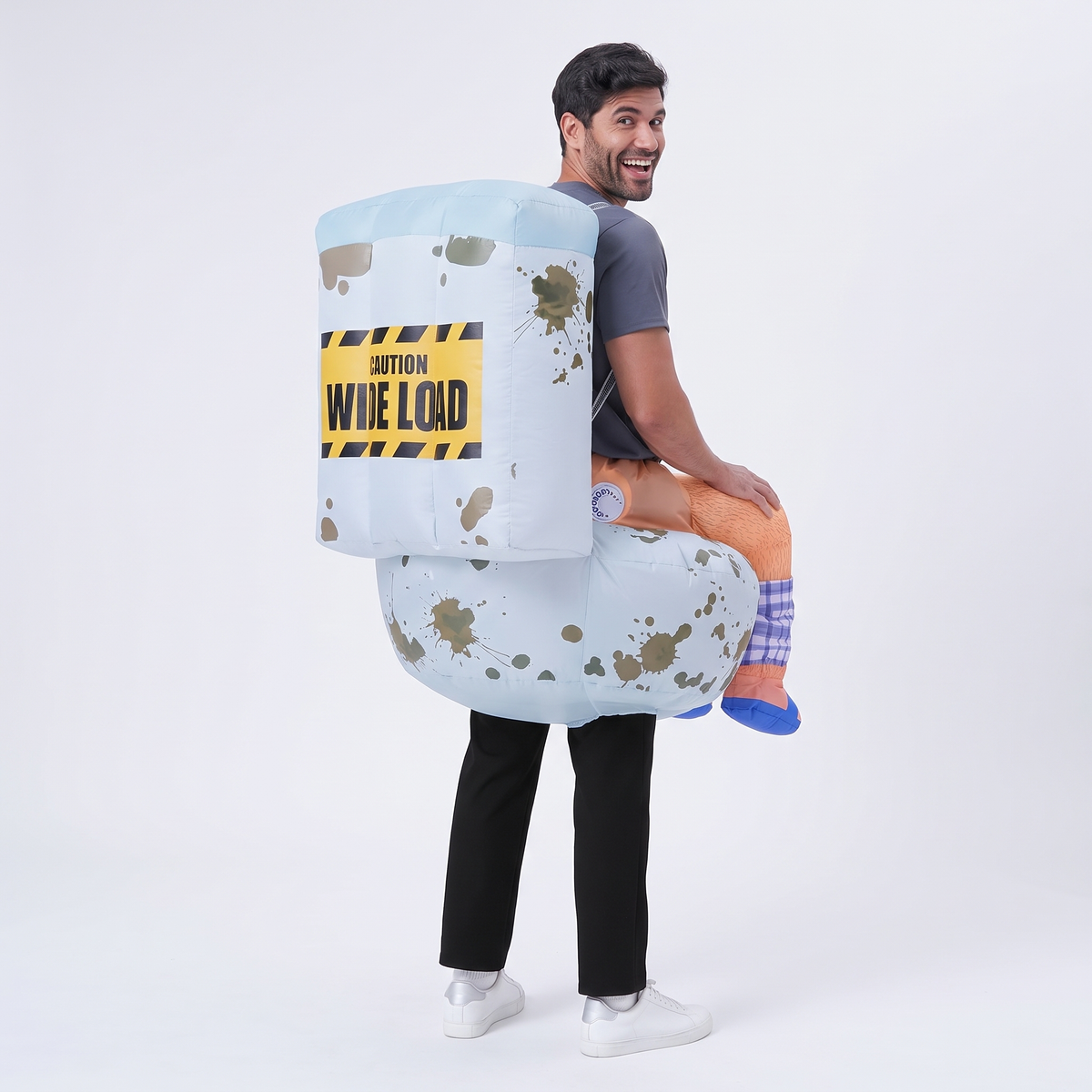 FlushSuit back view with Caution Wide Load sign